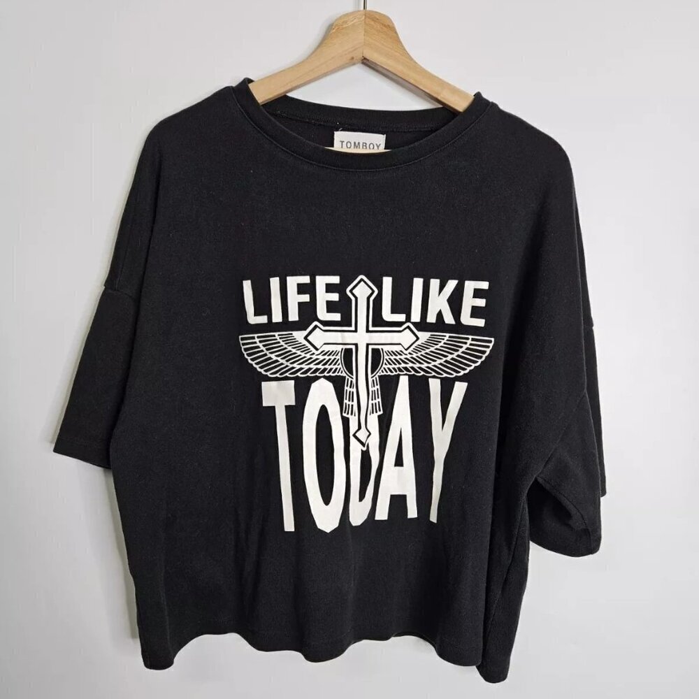 Tomboy Clothing Black Cropped 3/4 Sleeve T-Shirt Womens Size Large Streetwear